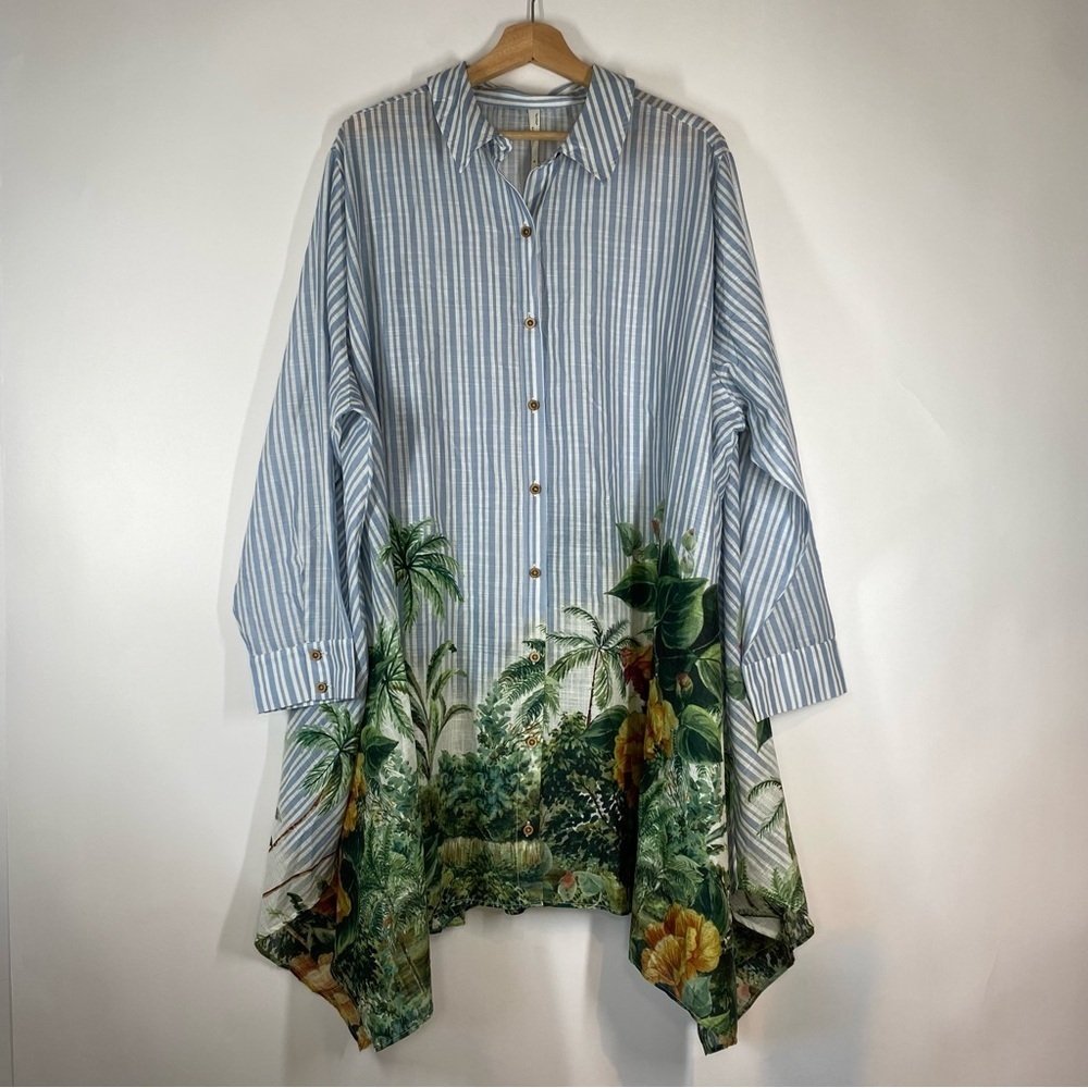 Anthropologie Striped Blue Green Dress XL Oversized Button Front Summer CoverUp - Picture 2 of 16